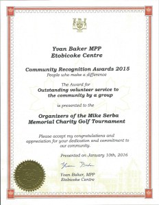 MikeSerbaGolf TournamentCommunityServiceAward2015